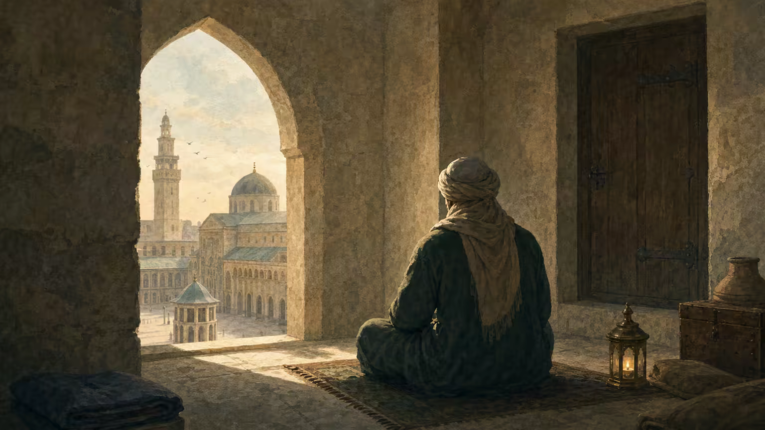 Şam Emeviyye Camii'nde seher vaktinde uzlete çekilmiş sade giyimli bir dervişin arkadan görüldüğü temsili suluboya illüstrasyonu.